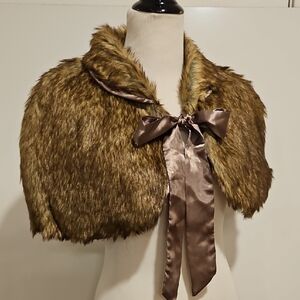 Elegant Faux Fur Brown Capelet Brown Bronze Satin Tie Lined Wrap  Evening